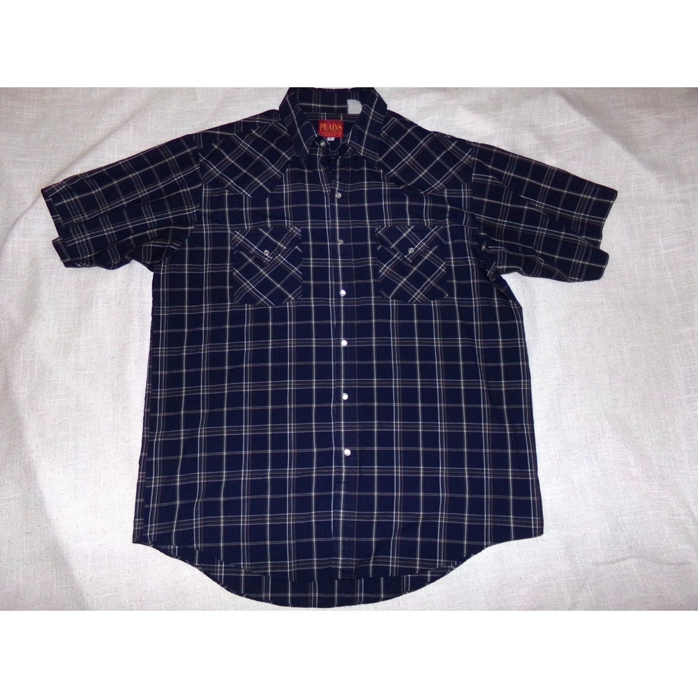 Plains Western Wear Peal Snap Shirt Men's L Dark Blue White Plaid Flap Pockets